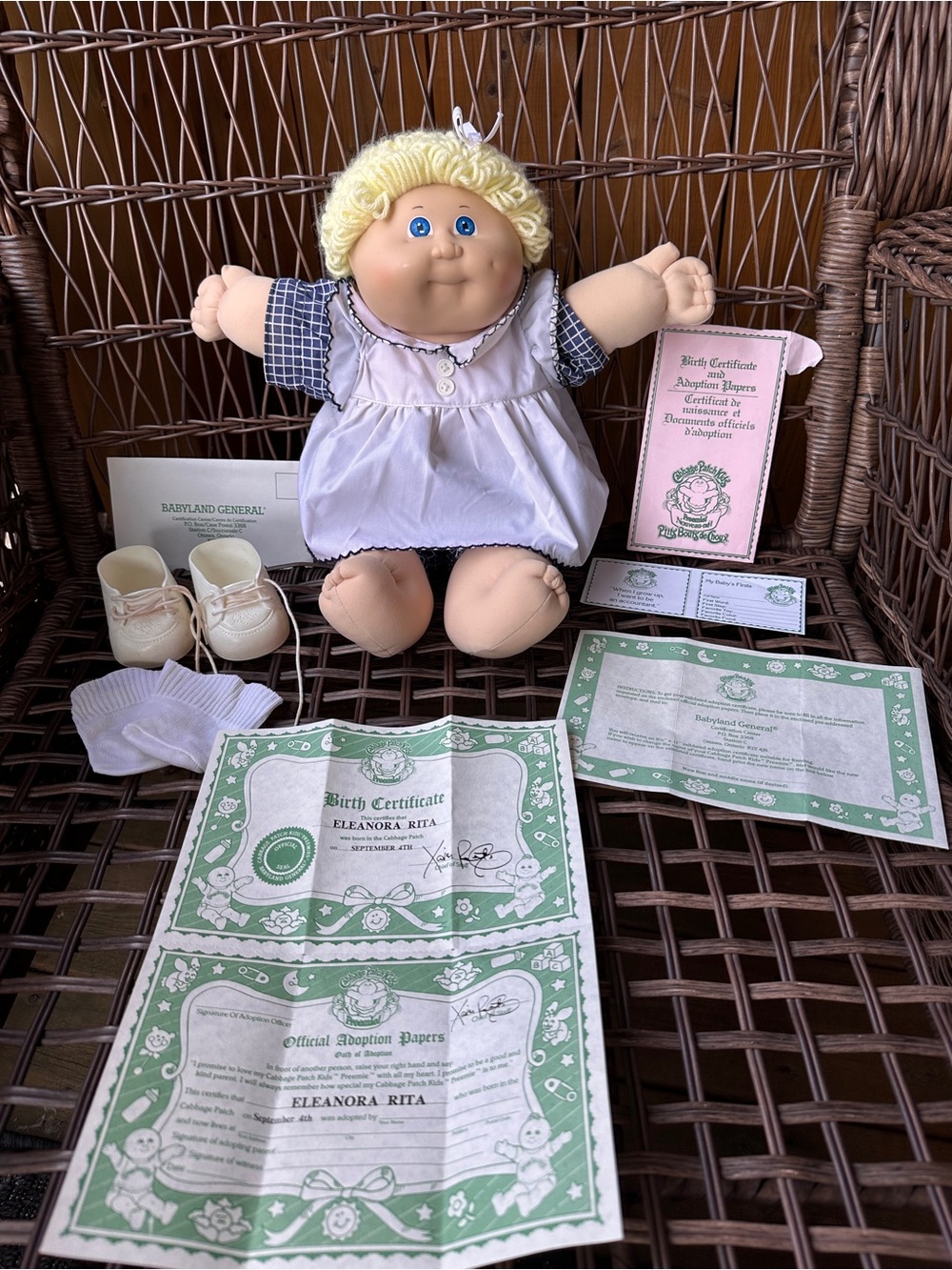 Vintage Cabbage Patch Kids Premie Doll 16” Blonde Blue Eyes w/ Paperwork, Shoes